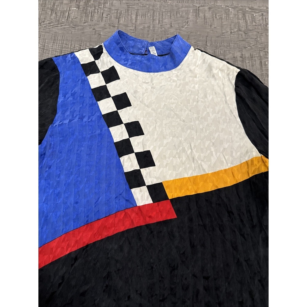 Vintage Silk Women's‎ shirt black blue geometric race car checker flag size 14